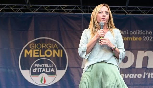 Leader of Italian far-right party Fratelli d'Italia (Brothers of Italy) Giorgia Meloni addresses supporters during a rally to launch her campaign for general elections, in Ancona, central Italy, on August 23, 2022. - Italians head to the polls for general elections on September 25, 2022. Opinion polls put Giorgia Meloni's post-fascist Brothers on course to lead the eurozone's third largest economy, in a coalition with the ex-premier's Forza Italia and the anti-immigration Lega. (Photo by Vincenzo PINTO / AFP) (Photo by VINCENZO PINTO/AFP via Getty Images)