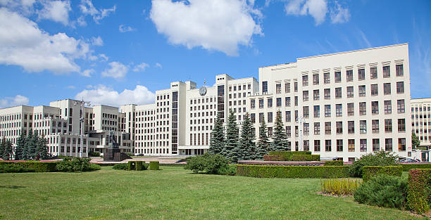 Parliament building on the Independence square in Minsk. Belarus. The building completed in 1934 together with Lenin statue.