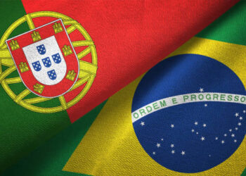 Brazil and Portugal flag together realtions textile cloth fabric texture