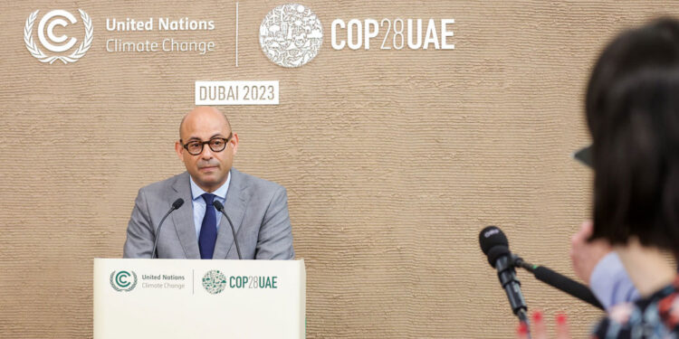 Simon Stiell, UNFCCC Executive Secretary speaks to media at the UN Climate Change Conference COP28 at Expo City in Dubai, United Arab Emirates.