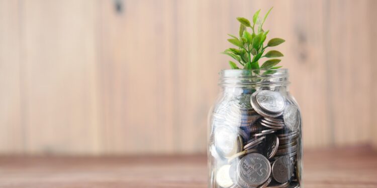 a glass jar filled with coins and a plant