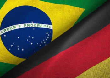 Germany and Brazil flag together realtions textile cloth fabric texture