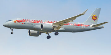Dallas, United States - May 7, 2023: Air Canada A220-300 airplane in the retro colors at Dallas Fort Worth Airport (DFW) in the United States.