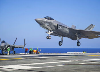 160815-N-YB023-100 ATLANTIC OCEAN (Aug. 15, 2016) - An F-35C Lightning II carrier variant assigned to the Grim Reapers of Strike Fighter Squadron (VFA) 101, the Navy's fleet replacement squadron, prepares to make an arrested landing on the flight deck of the aircraft carrier USS George Washington (CVN 73). VFA-101 aircraft and pilots are conducting initial qualifications aboard George Washington in the Atlantic Ocean. The F-35C is expected to be Fleet operational in 2018. (U.S. Navy photo by Mass Communication Specialist 3rd Class Clemente A. Lynch)