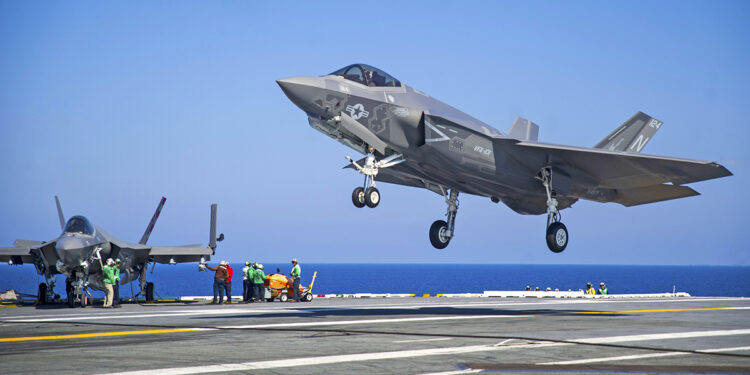 160815-N-YB023-100 ATLANTIC OCEAN (Aug. 15, 2016) - An F-35C Lightning II carrier variant assigned to the Grim Reapers of Strike Fighter Squadron (VFA) 101, the Navy's fleet replacement squadron, prepares to make an arrested landing on the flight deck of the aircraft carrier USS George Washington (CVN 73). VFA-101 aircraft and pilots are conducting initial qualifications aboard George Washington in the Atlantic Ocean. The F-35C is expected to be Fleet operational in 2018. (U.S. Navy photo by Mass Communication Specialist 3rd Class Clemente A. Lynch)