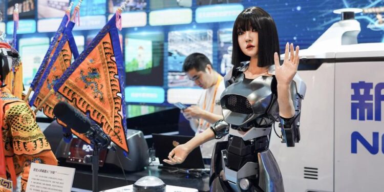 (240916) -- BEIJING, Sept. 16, 2024 (Xinhua) -- A humanoid robot is pictured during the 2024 China International Fair for Trade in Services (CIFTIS) in Beijing, capital of China, Sept. 12, 2024. (Xinhua/Cao Mengyao)