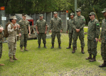 Marines with the Brazilian Marine Corps conduct a tour of Marine Corps Recruit Depot Parris Island S.C., June 8, 2023. The focus of the Brazilian Marines touring Parris Island is to educate the group on the processes of training to bring back to their own branch of service. (U.S. Marine Corps photo by Lance Cpl. Sarah Grawcock)