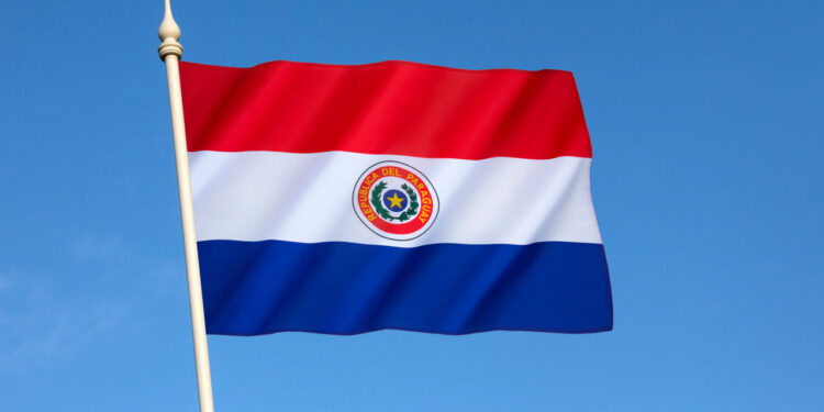 National flag of Paraguay - adopted in 1842. It is unusual because the insignia differs on obverse and reverse sides of the flag (this the obverse side).