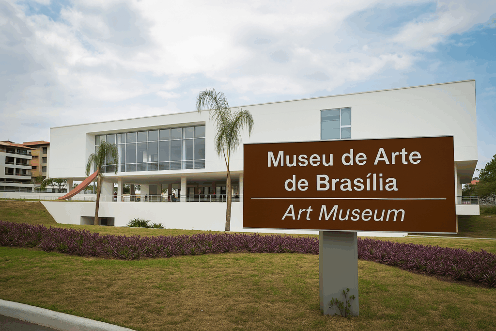 Fotografia da fachada contemporânea do Museu de Arte de Brasília com placa de sinalização bilíngue (português e inglês), vegetação paisagística e céu parcialmente nublado ao fundo.