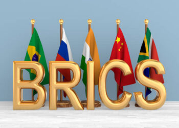 Set flags BRICS in room. 3D illustration
