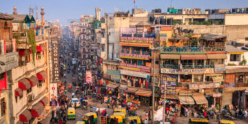 Main Bazar late afternoon, Paharganj known for its concentration of hotels, lodges, restaurants, dhabas and a wide variety of shops catering to both domestic travellers and foreign tourists, especially backpackers and low-budget travellers.